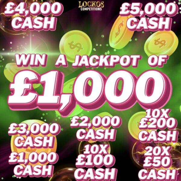 £1,000 MAIN PRIZE WITH 45 CASH INSTANT WINS FOR 40P!!