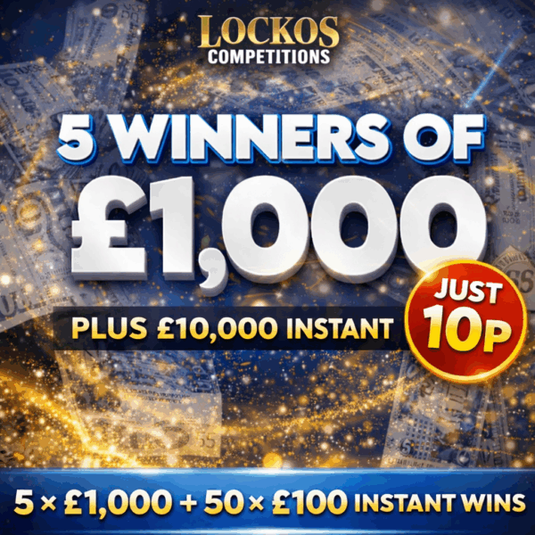 5 WINNERS OF £1,000 CASH PLUS 5X £1,000 & 50X £100 CASH INSTANT WINS TO BE WON FOR 10P!